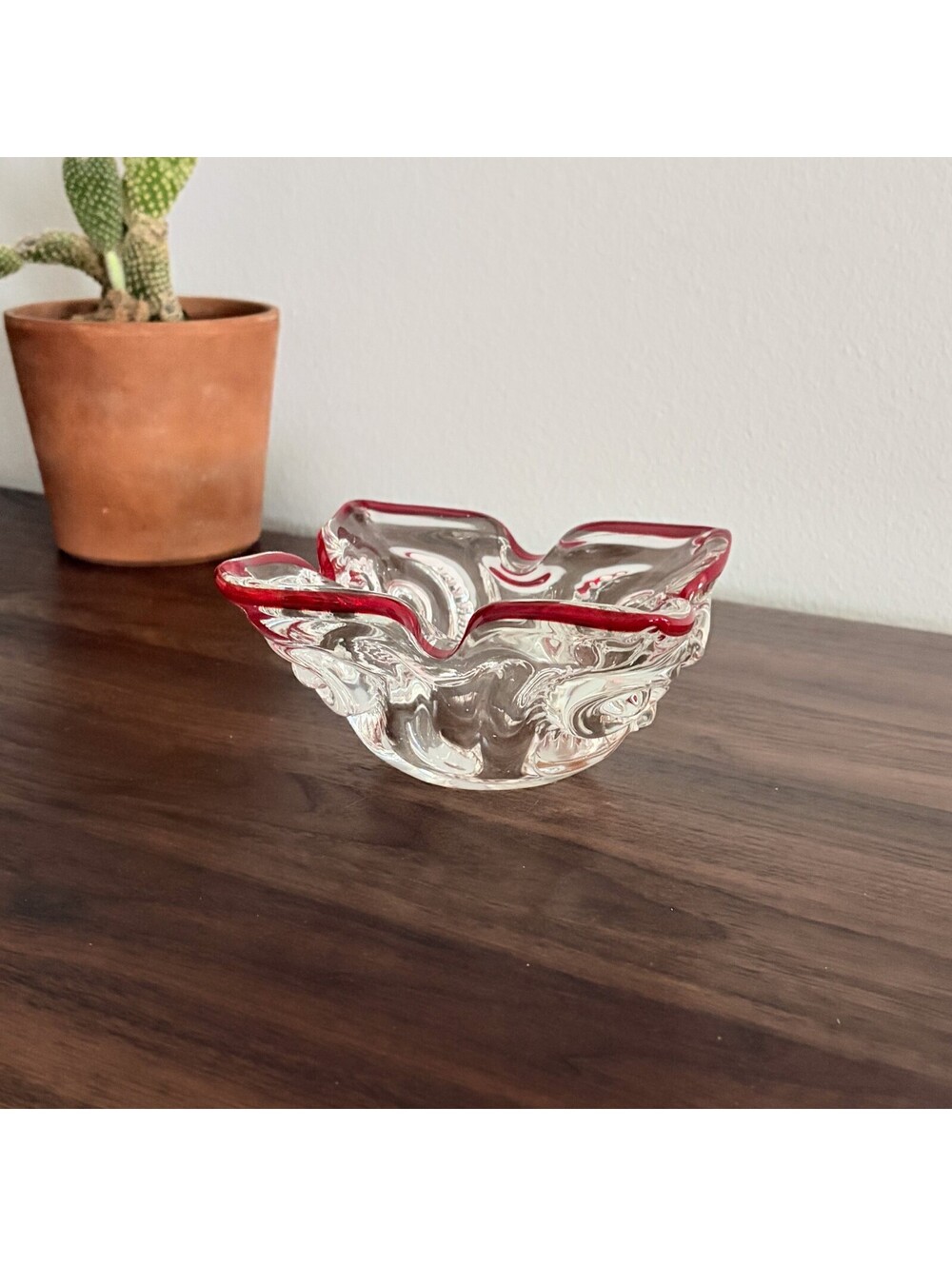 Victorian Style Ashtray Vintage Floral Glass with Red Trim